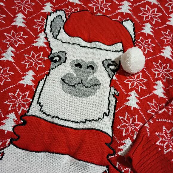 Ugly Christmas Sweater Med LAMA Santa PomPom Red Christmas Trees Snowflakes POOF - Picture 3 of 9
